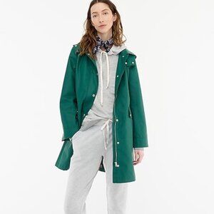NEW J Crew Classic Green Hooded Raincoat Large Waterproof